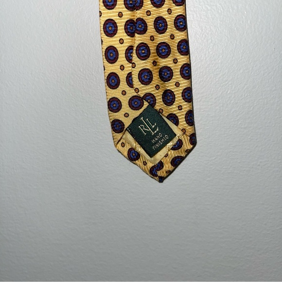Lauren Ralph Lauren Tie 100% Silk Yellow Circle Patterned Vintage Preppy - Picture 8 of 8